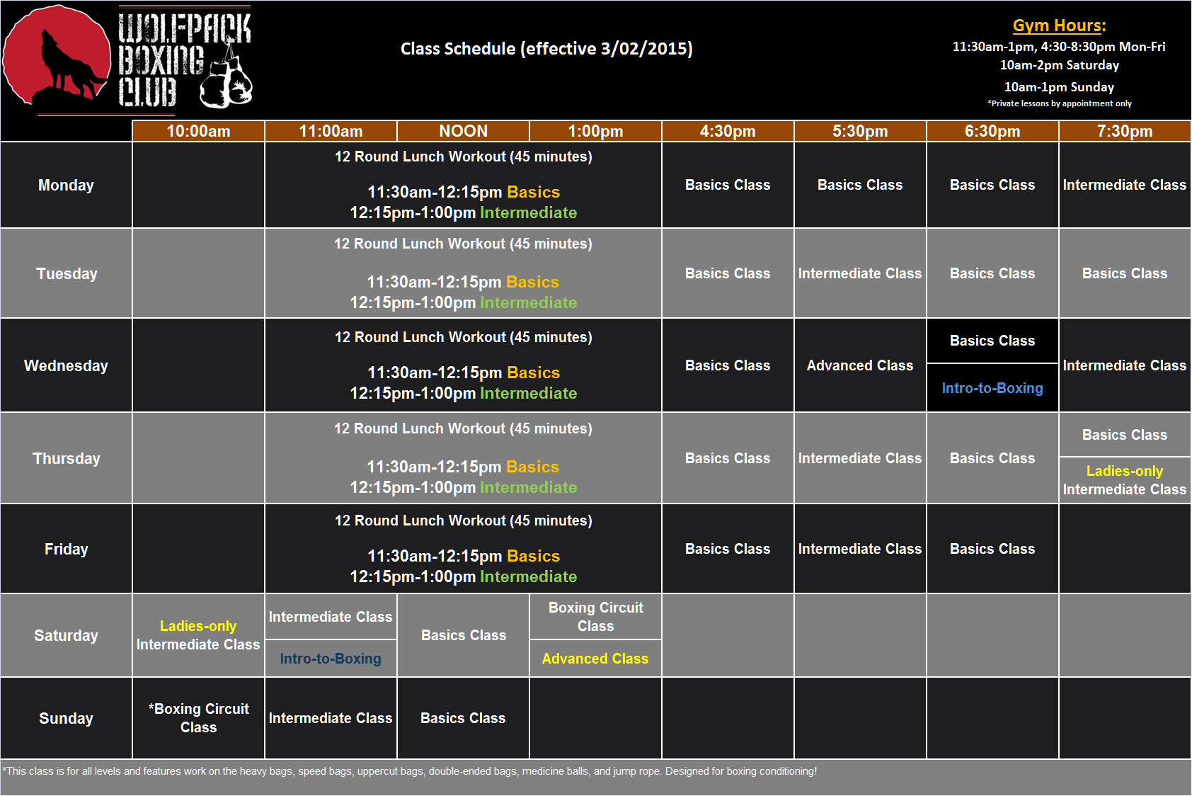 Wolfpack Boxing Club Class Schedule